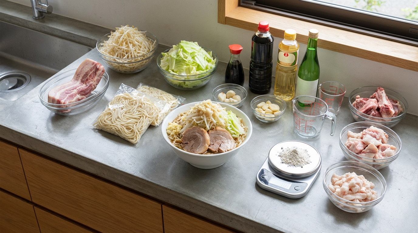 二郎系ラーメンを自宅で作るための材料と分量一覧