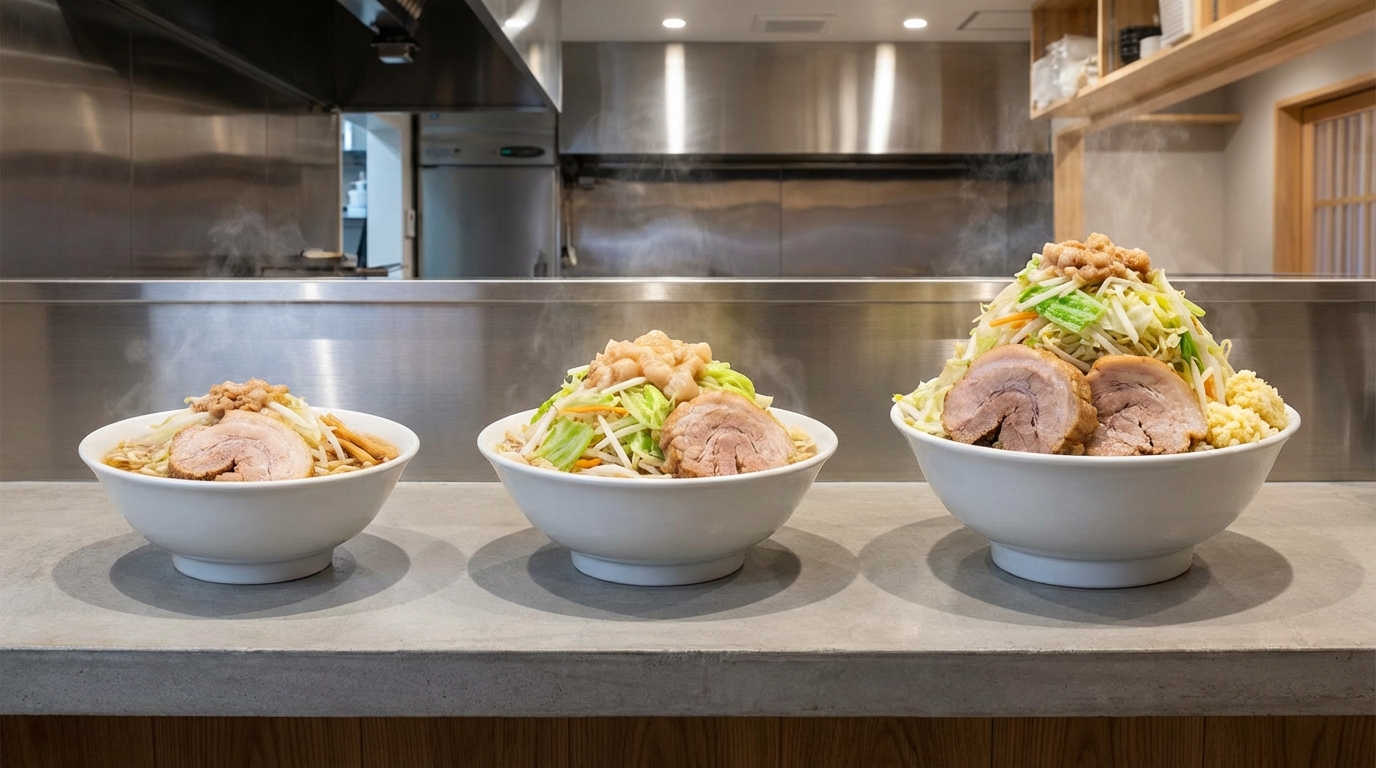 二郎系ラーメンのサイズ・トッピング別の写真を比較