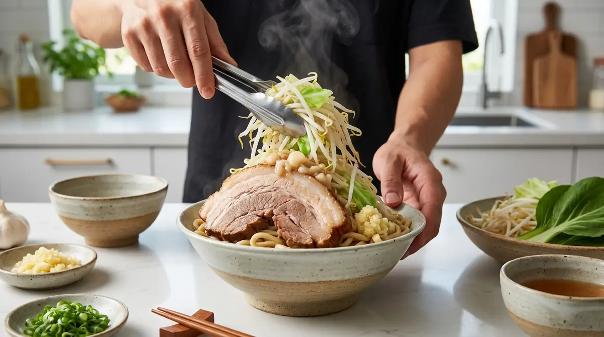 自宅二郎系ラーメンの盛り付けと仕上げ